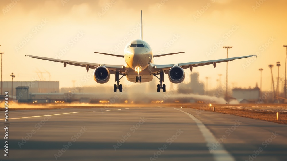 A large passenger jet takes off down an airport runway at sunset A large passenger jet takes off down an airport runway at sunset