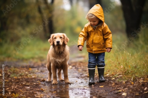 Golden retriever pup and a toddler exploring the outdoors together