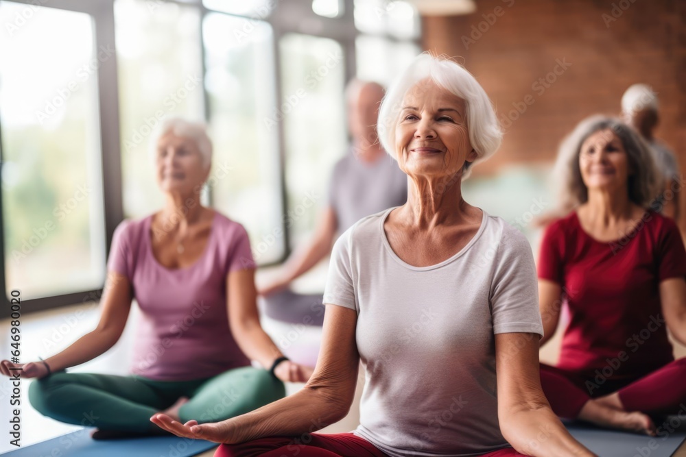 Group of seniors participating in a gymnastics mindfulness session Group of seniors participating in a gymnastics mindfulness session
