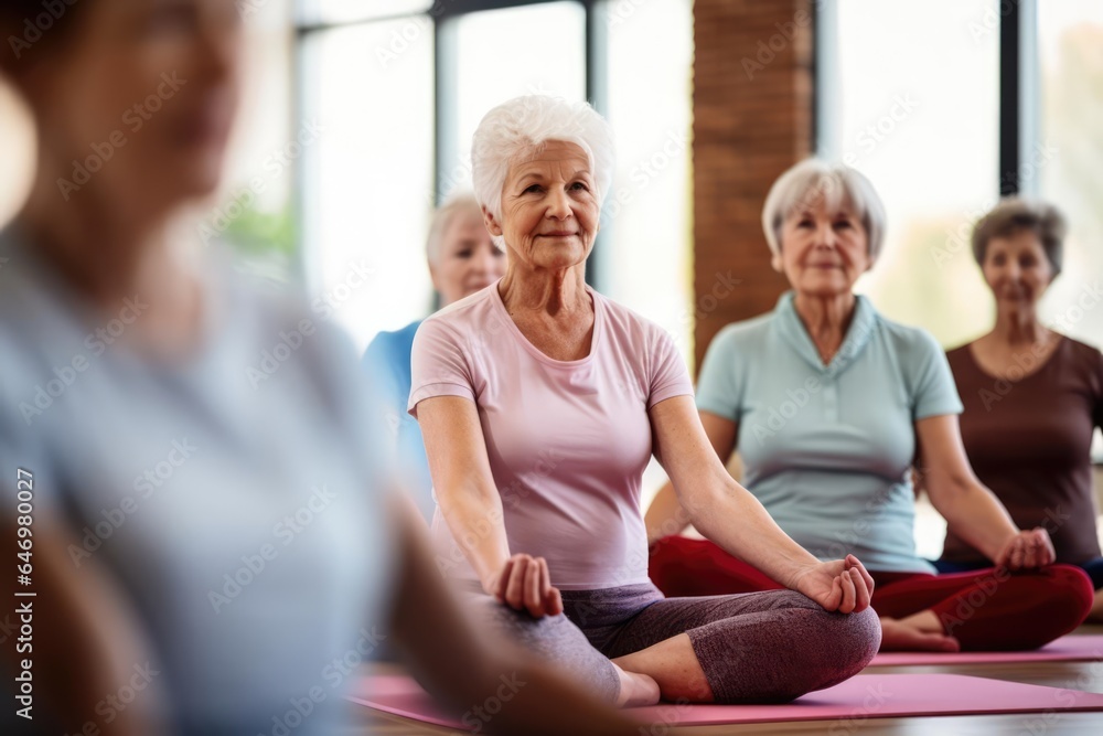 Group of seniors participating in a gymnastics mindfulness session Group of seniors participating in a gymnastics mindfulness session