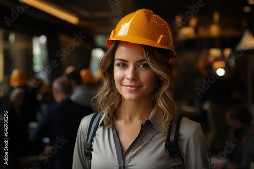 Lifestyle photography american business woman architect in work clothes and helmet. Radiant