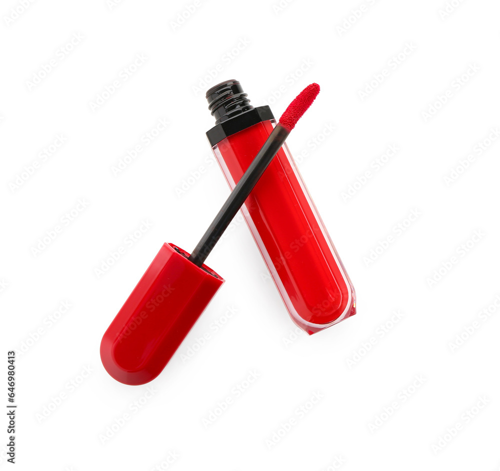 Fototapeta premium Stylish red lipstick with brush on white background