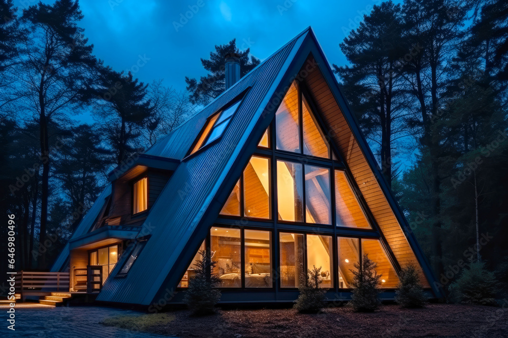 Fototapeta premium Modern residential suburban building A-frame architecture, a luminous triangular house with large windows at evening or night