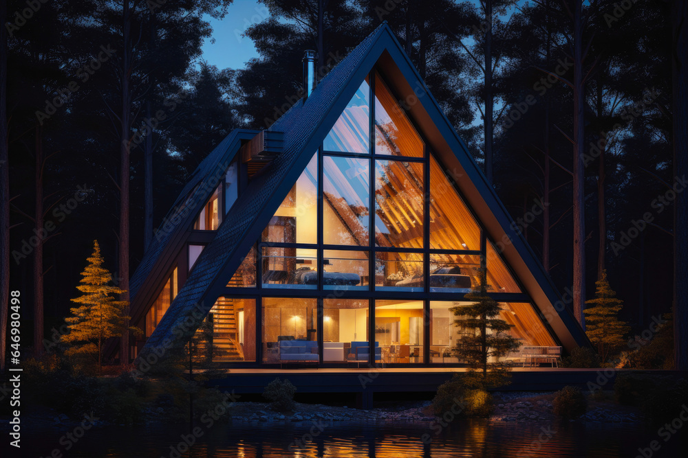 Modern residential suburban building A-frame architecture, a luminous triangular house with large windows at evening or night Modern residential suburban building A-frame architecture, a luminous triangular house with large windows at evening or night