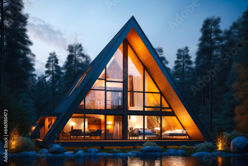 Modern residential suburban building A-frame architecture, a luminous triangular house with large windows at evening or night