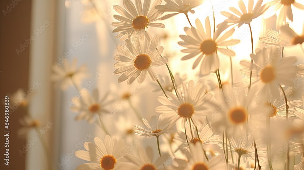 Blossoming daisies casting dainty silhouettes on a sheer curtain. - obrazy, fototapety, plakaty 