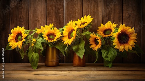 Artistic arrangement of sunflowers on a rustic wood plank.