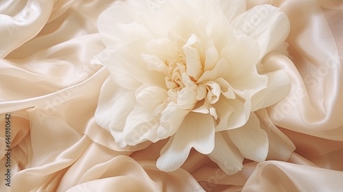 Exquisite peony petals, with delicate details, against a creamy fabric. © Dannchez