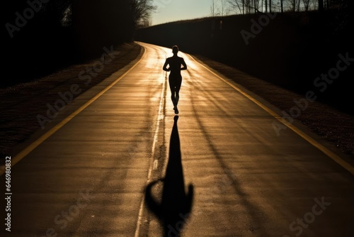 Runner s shadow cast on an empty road
