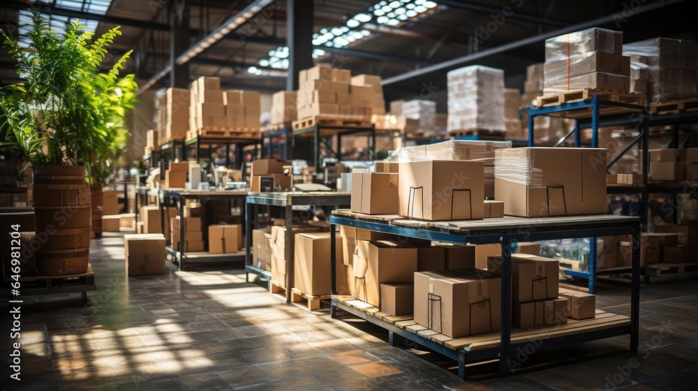 Warehouse full of shelves with goods in cardboard boxes and packages Warehouse full of shelves with goods in cardboard boxes and packages