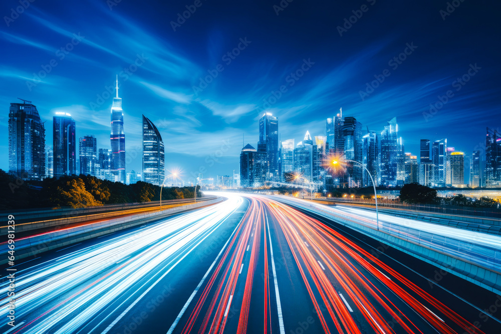 Fototapeta premium Long exposure photograph of a busy highway or main street in a modern or futuristic city