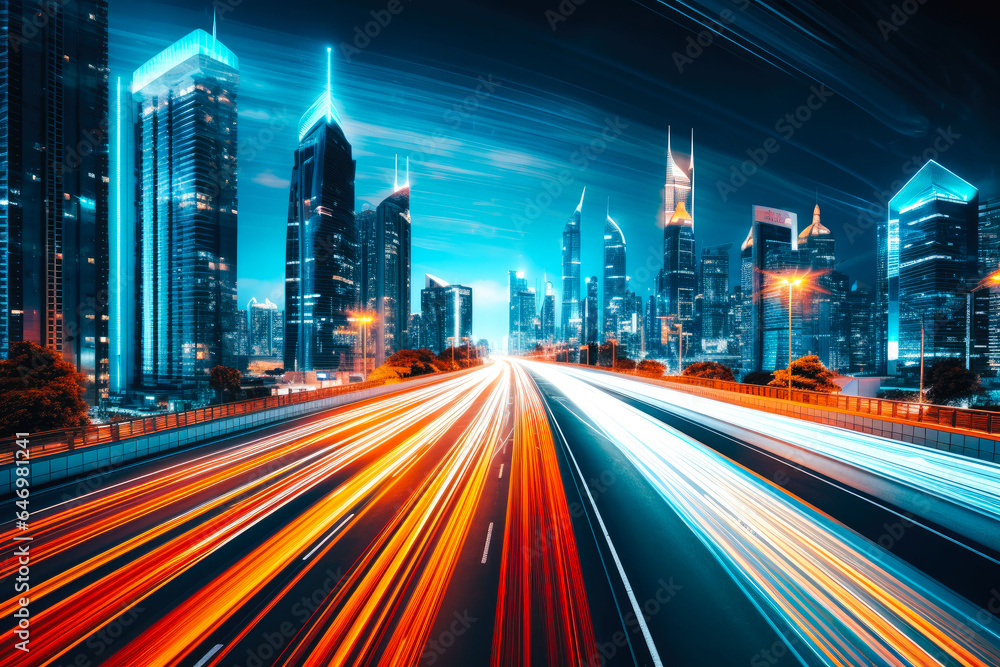 Fototapeta premium Long exposure photograph of a busy highway or main street in a modern or futuristic city