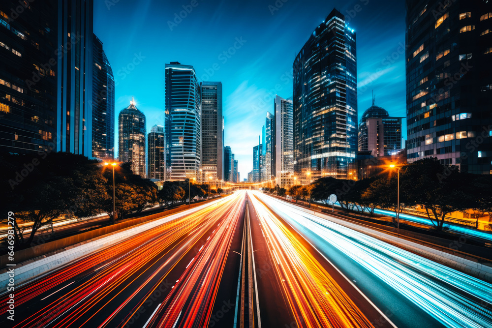 Long exposure photograph of a busy highway or main street in a modern or futuristic city