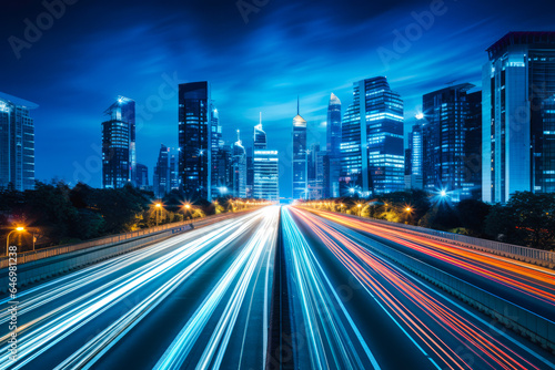 Long exposure photograph of a busy highway or main street in a modern or futuristic city