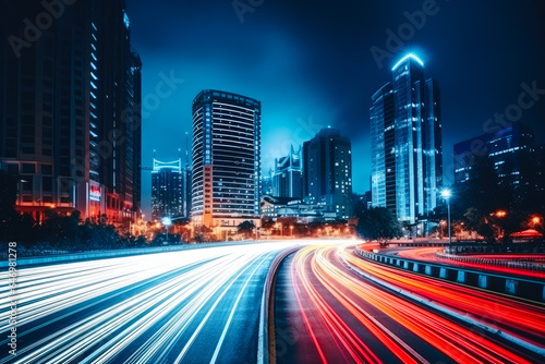 Long exposure photograph of a busy highway in a modern or futuristic city © MVProductions