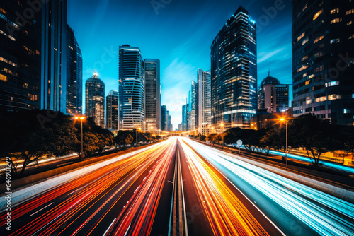 Long exposure photograph of a busy highway or main street in a modern or futuristic city