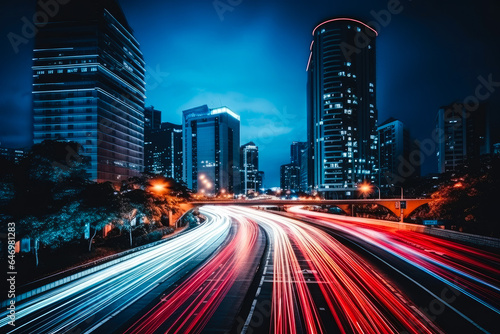 Long exposure photograph of a busy highway in a modern or futuristic city
