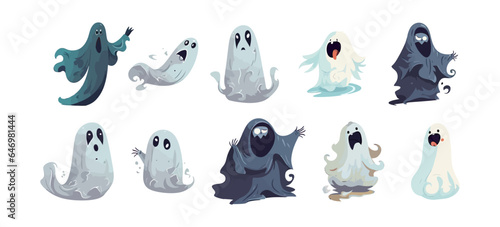 Halloween ghost set flat cartoon isolated on white background. Vector isolated illustration