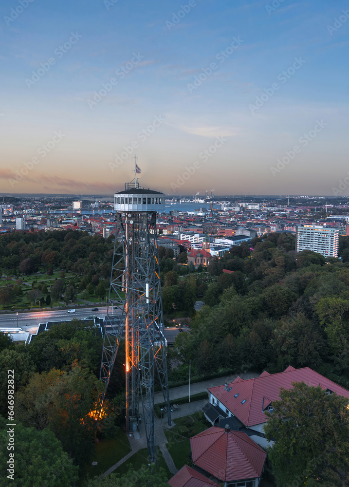 Panoramic summer cityscape of Aalborg (North Jutland, Denmark) at sunset, with Aalborg Tower (Aalborgtårnet) in the foreground