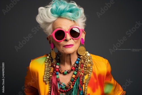 Portrait of a beautiful senior woman with colorful hair and sunglasses.