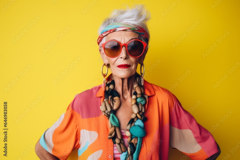 Portrait of beautiful senior woman in fashion clothes and sunglasses on yellow background