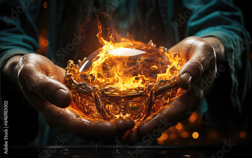 Close up of female hands holding magic crystal ball with burning fire inside