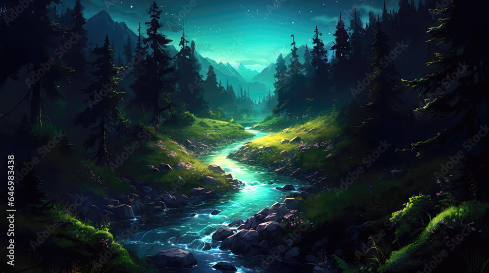 Fantasy landscape with mountain river and forest