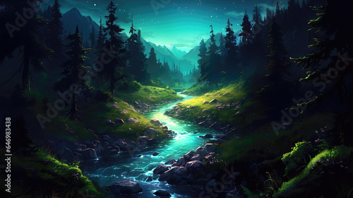 Fantasy landscape with mountain river and forest
