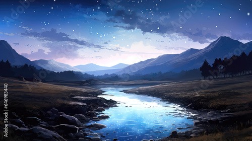 Fantasy landscape with river and mountains at night. Vector illustration