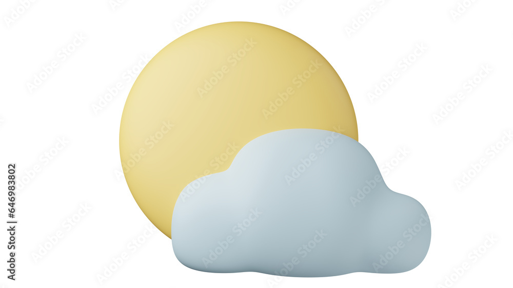 Round yellow sun with cloud in cartoon style isolated on transparent and white background. Synoptic concept. 3D render Round yellow sun with cloud in cartoon style isolated on transparent and white background. Synoptic concept. 3D render