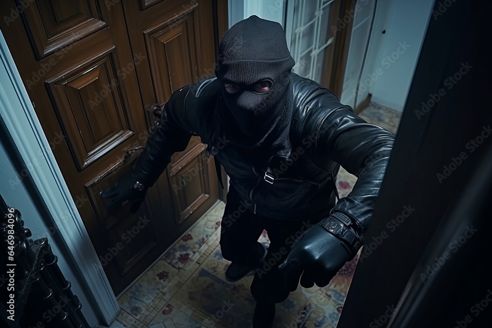 A thief dressed in black and a black mask breaking into a house, camera view.generative ai
A thief dressed in black and a black mask breaking into a house, camera view.generative ai
