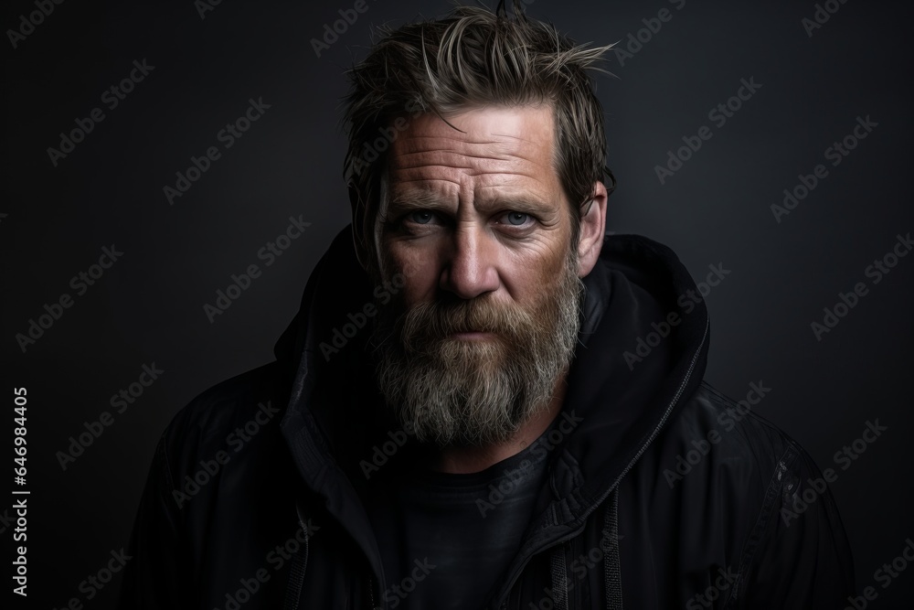 Portrait of a handsome man with long beard and mustache in a black jacket on a dark background