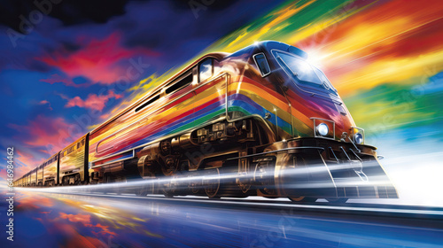 High speed train on the road at sunset with motion blur effect