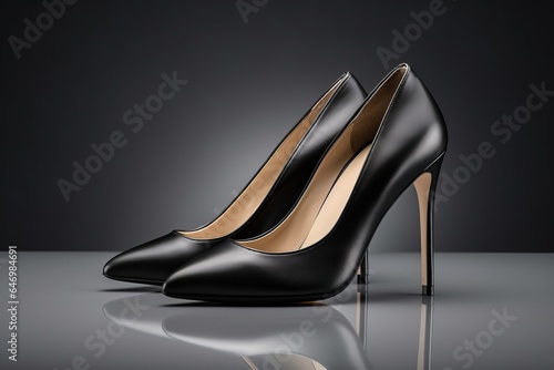 Beautiful black high-heeled women's shoes on a beautiful gray background.generative ai 