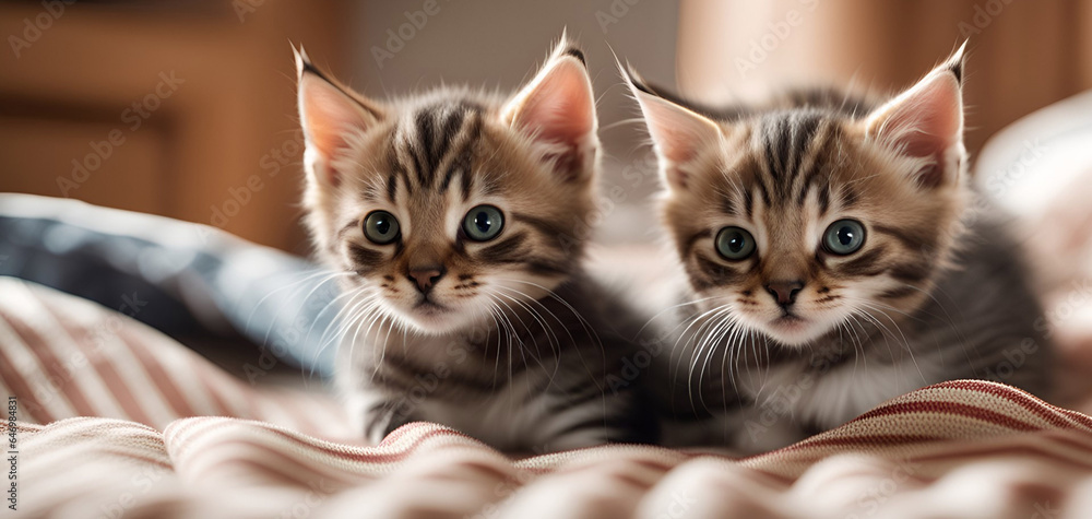 Two cute fluffy grey kittens on a light blanket background.Young cats at home. Love for pets concept.Selective focus.Generative AI