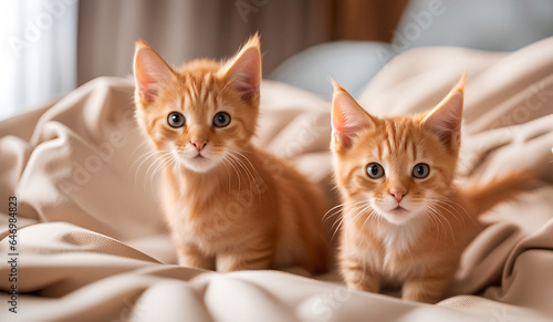 Two cute fluffy ginger kittens on a light blanket background.Young cats at home. Love for pets concept.Selective focus.Generative AI