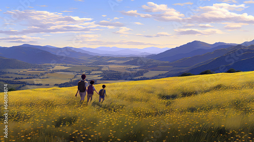 Family walking in the meadow with yellow flowers at sunset