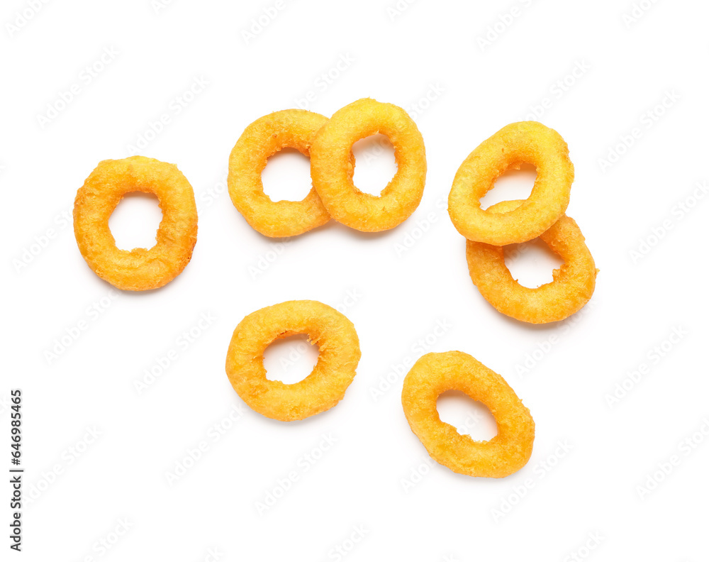 Fried breaded onion rings on white background Fried breaded onion rings on white background