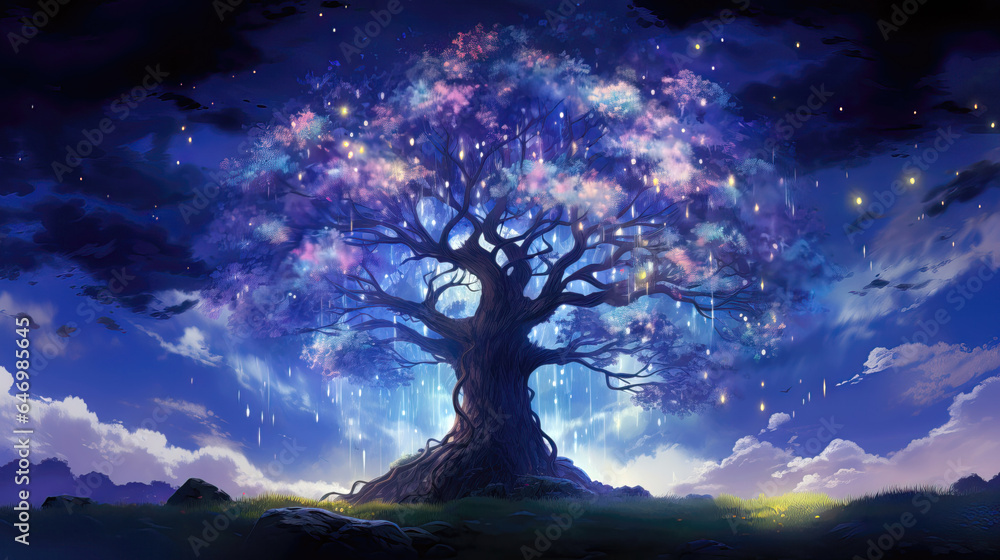 Illustration of an old tree in the night sky with stars