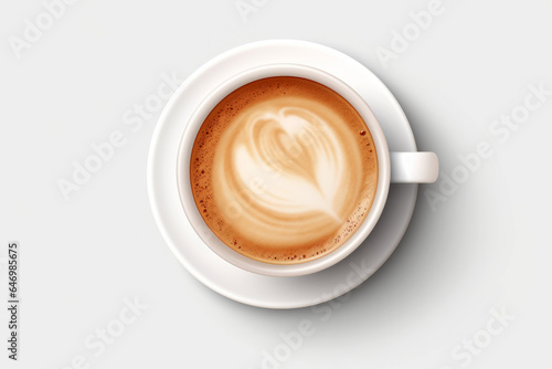 Beautiful latte macchiato coffee with foam drawing in white cup isolated on white background, top view.generative ai 