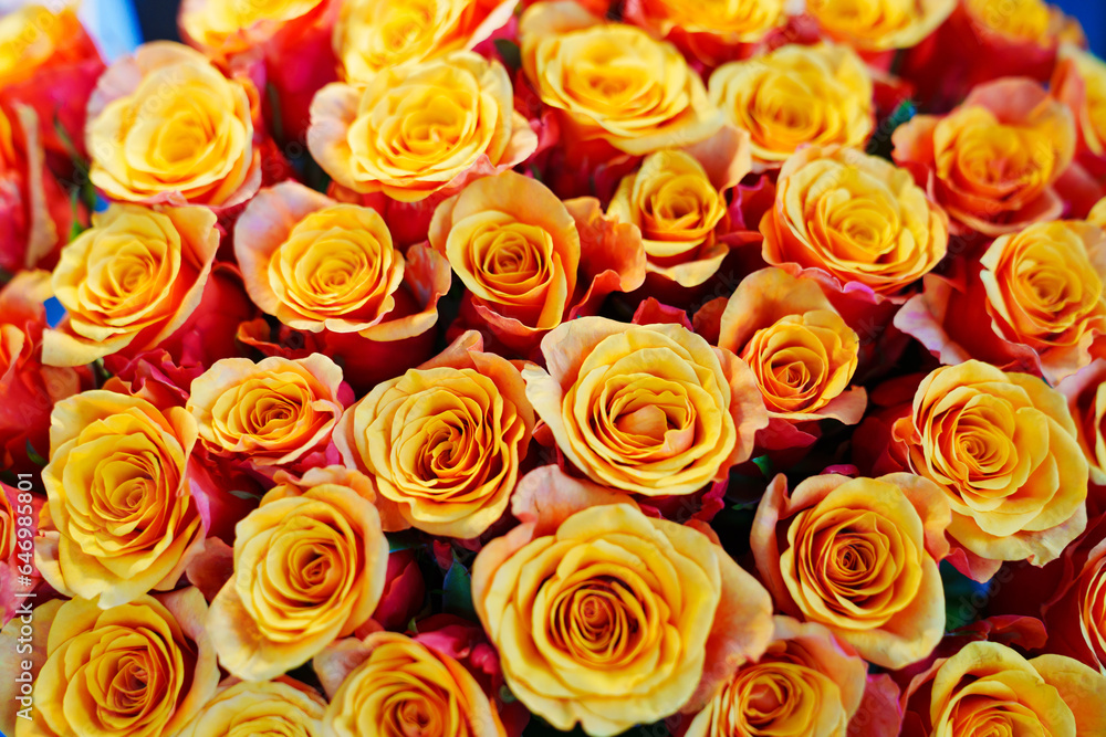 Large and beautiful bouquet of orange yellow roses. Large and beautiful bouquet of orange yellow roses.