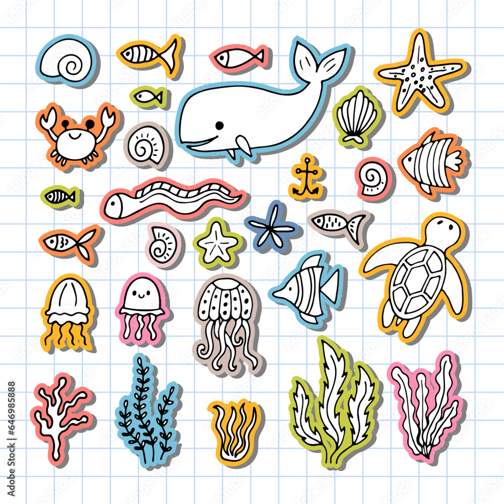Set of sea animals in hand drawn style. Ocean life. Underwater, under ...