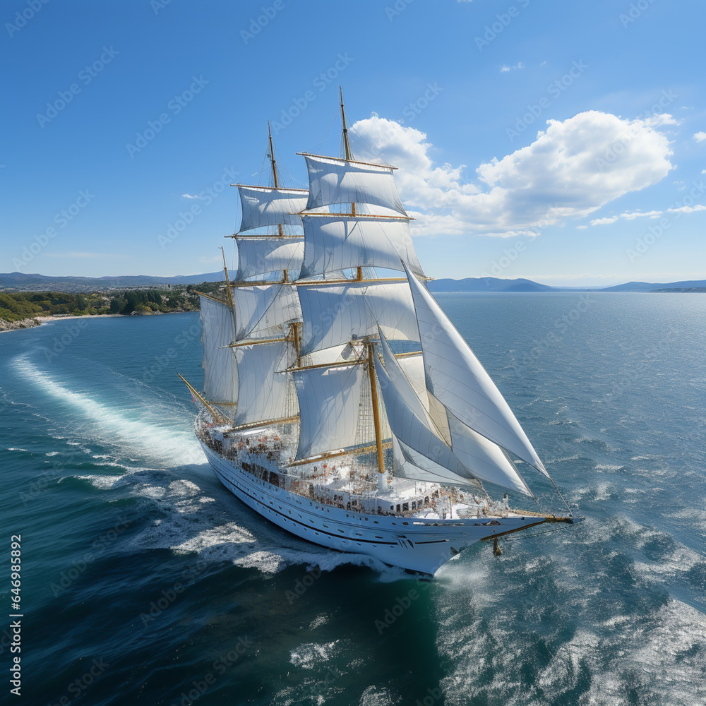 Obraz premium Aerial view modern multi-masted cruise sailing ship, AI generated