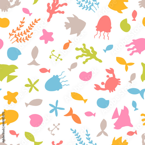 Seamless pattern with underwater animals. Ocean, sea life. Nautical background. Flat style