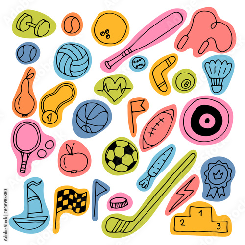 Set of hand drawn sport elements. Sport equipments icons collection. Fitness, healthy lifestyle