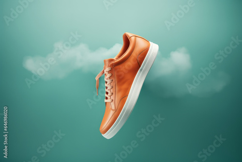Beautiful beige shoe with a white sole on a beautiful blue background.generative ai 