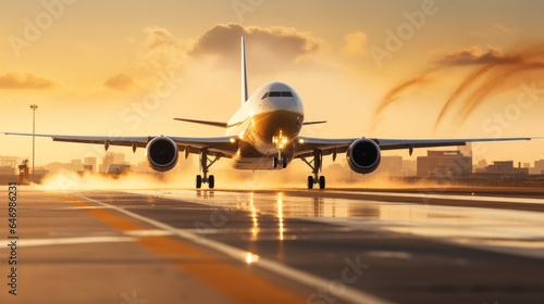 A large passenger jet takes off down an airport runway at sunset © masyastadnikova