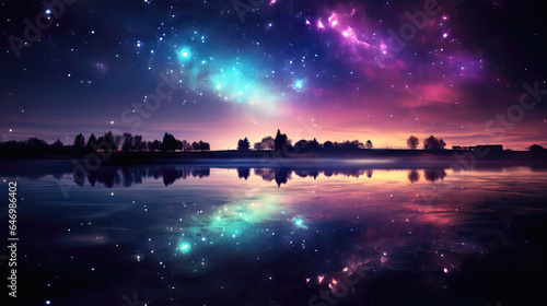Landscape with milky way and starry sky reflected in water © Lohan