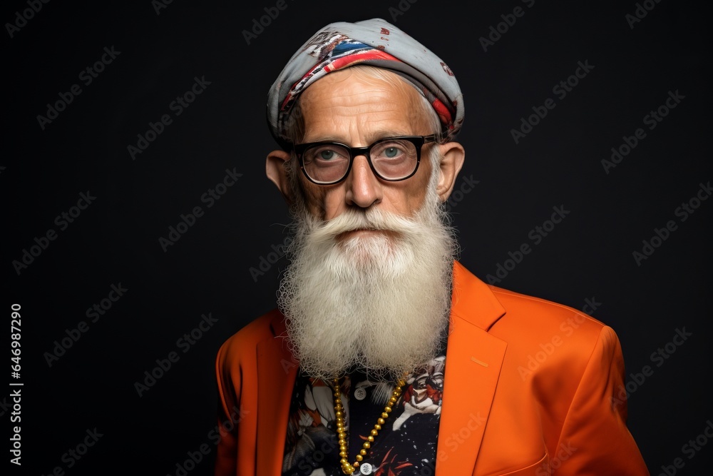 Portrait of an old man with a long white beard and mustache wearing an orange jacket and glasses on a black background Portrait of an old man with a long white beard and mustache wearing an orange jacket and glasses on a black background