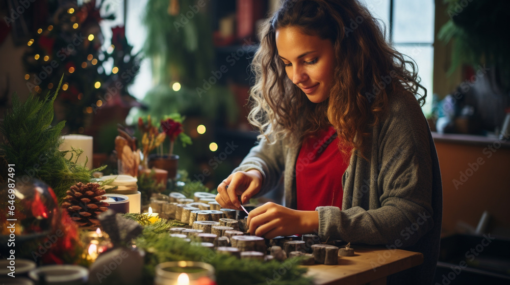 Women crafting DIY Advent wreath at Christmas-themed table